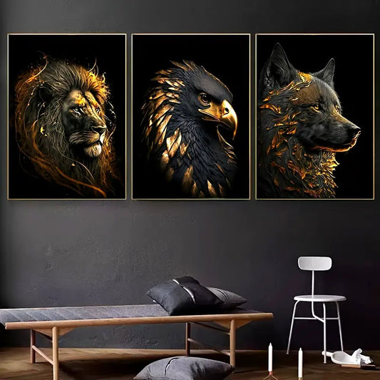 Quadro su tela Triptych leone aquila lupo dorato