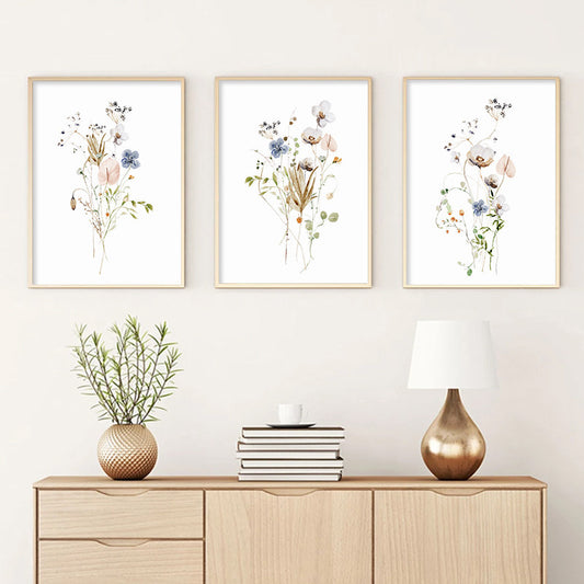 Quadro su tela Fiori acquerello azzurri e arancioni