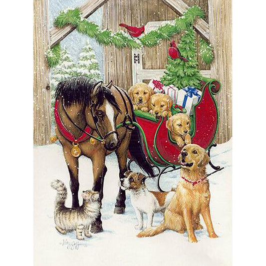 Quadro su tela Cavallo slitta con cani natale