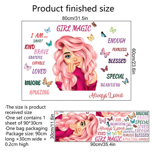 Adesivo murale Ragazza capelli rosa cartoon con farfalle
