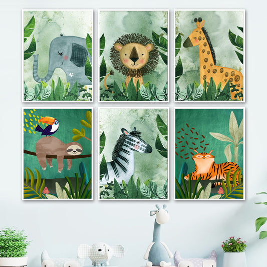 Quadro su tela Sei animali giungla verde acquarello