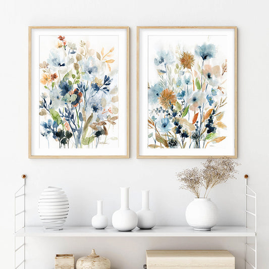 Quadro su tela Fiori acquerello azzurri e arancioni