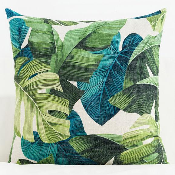 Cuscino tessuto stampa foglie tropicali monstera