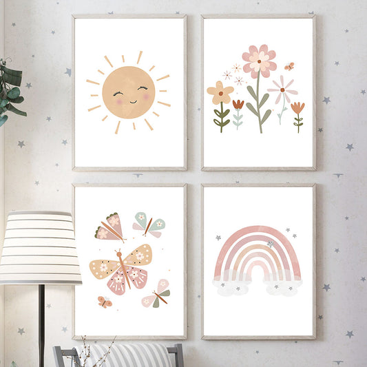 Quadro su tela Sole nuvole arcobaleno fiori