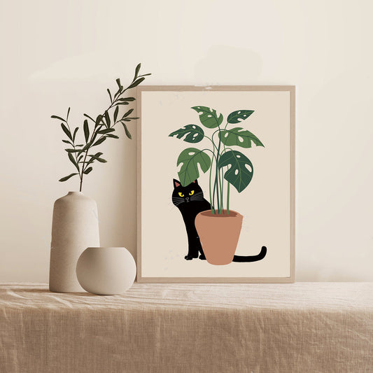 Quadro su tela Gatto nero con pianta verde