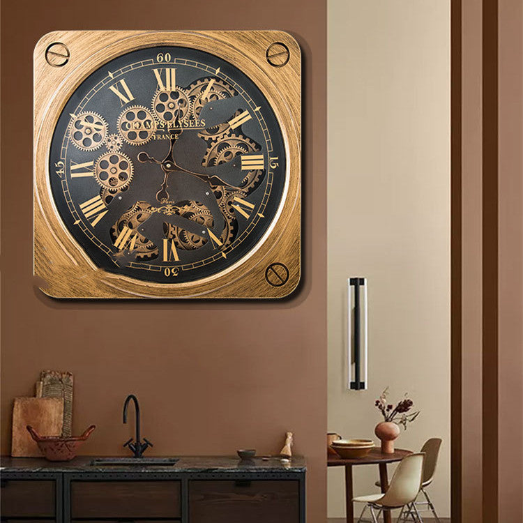 Orologio da parete Ingranaggi quadrato dorato