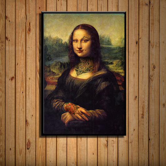 Quadro su tela Gioconda con tatuaggio geometrico e rosa