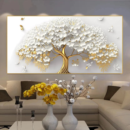Adesivo murale Albero bianco e oro con foglie