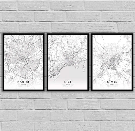 Quadro su tela Mappe città francesi bianco e nero