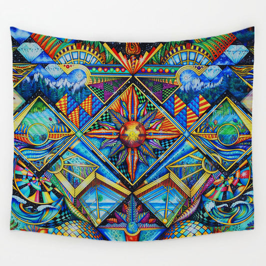 Arazzo Mandala multicolore sole paesaggio astratto
