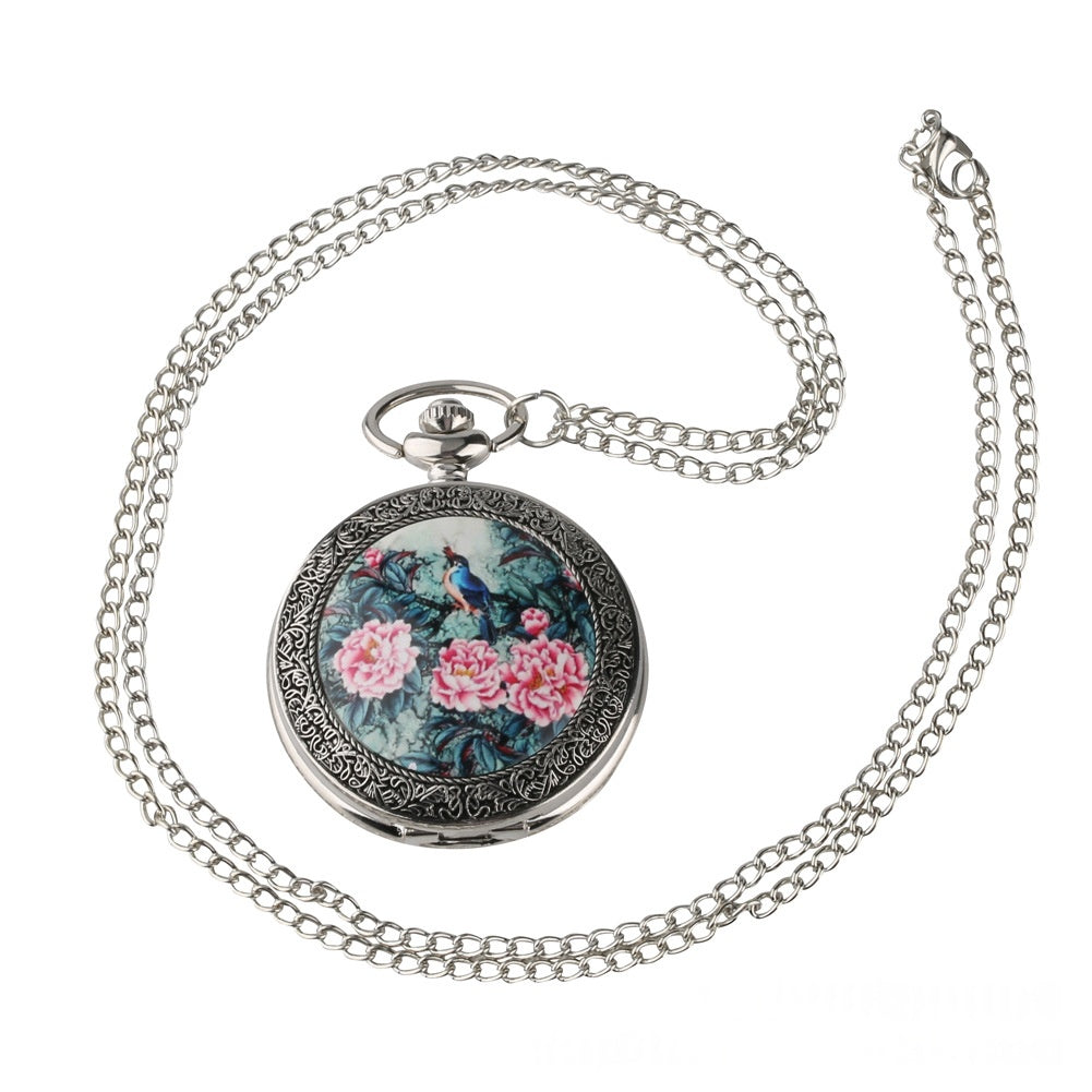 Orologio tasca fiori uccelli retrò