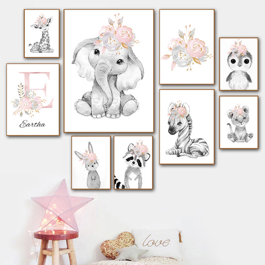 Quadro su tela Elefante e zebra con fiori