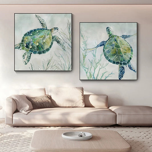 Quadro su tela Due tartarughe acquerello blu-verdi