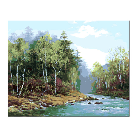 Quadro su tela Betulle ruscello montagne nebbioso