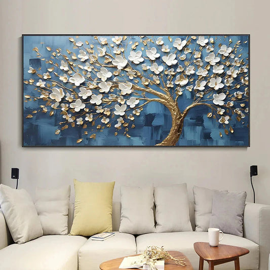 Quadro su tela Albero fiori bianchi oro