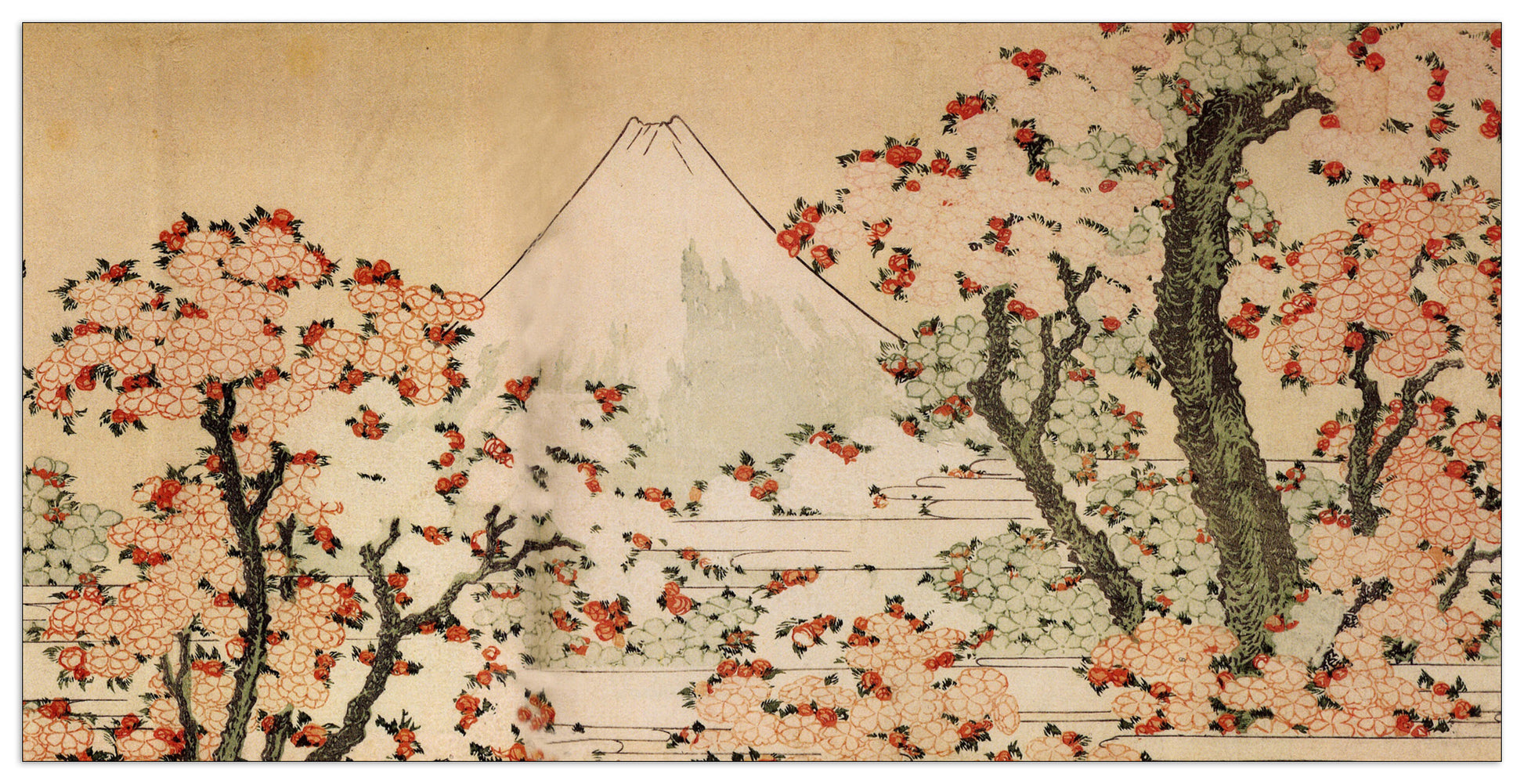 Mount Fuji behind cherry trees and flowers cm 140x70