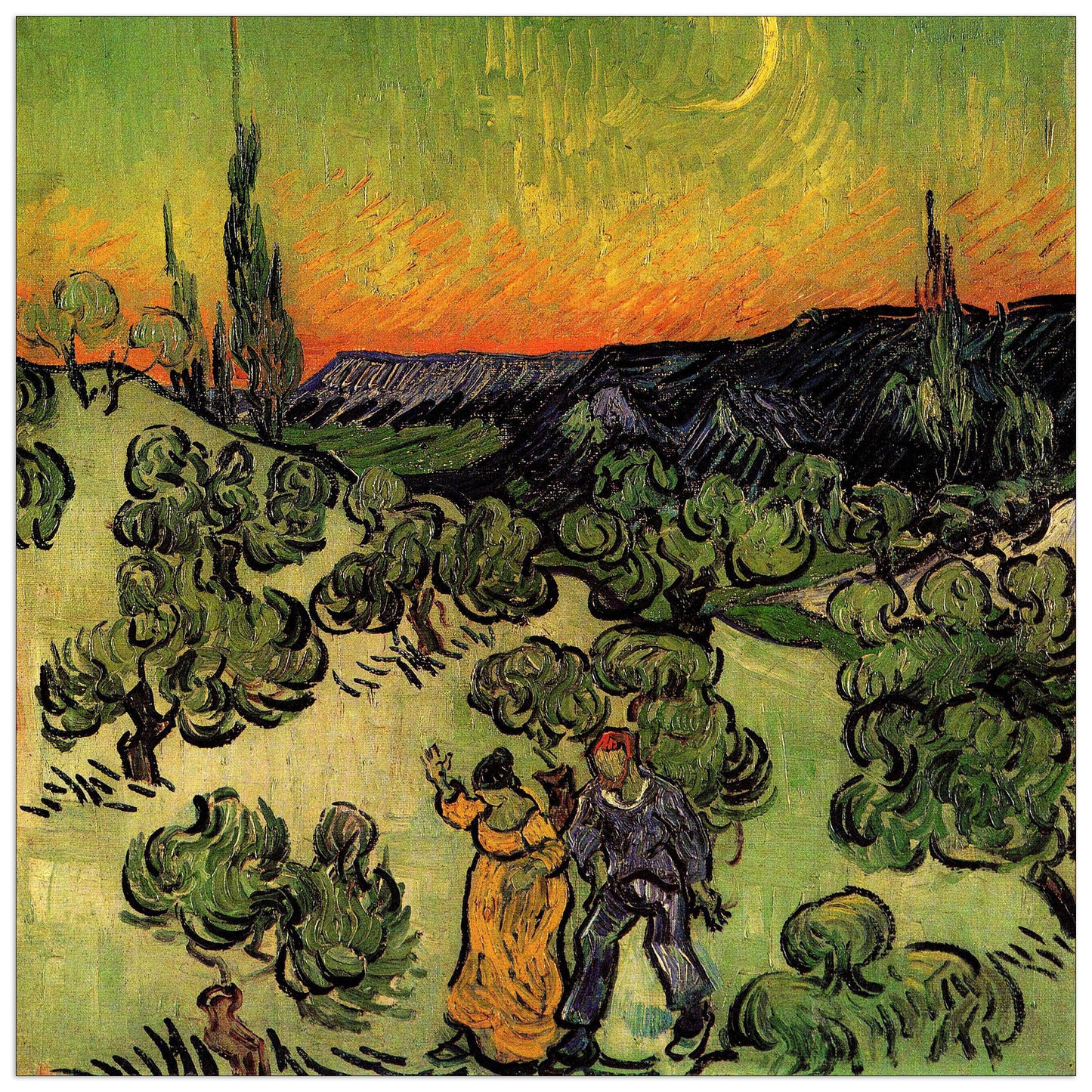 Landscape with Couple Walking and Crescent Moon cm 30x30
