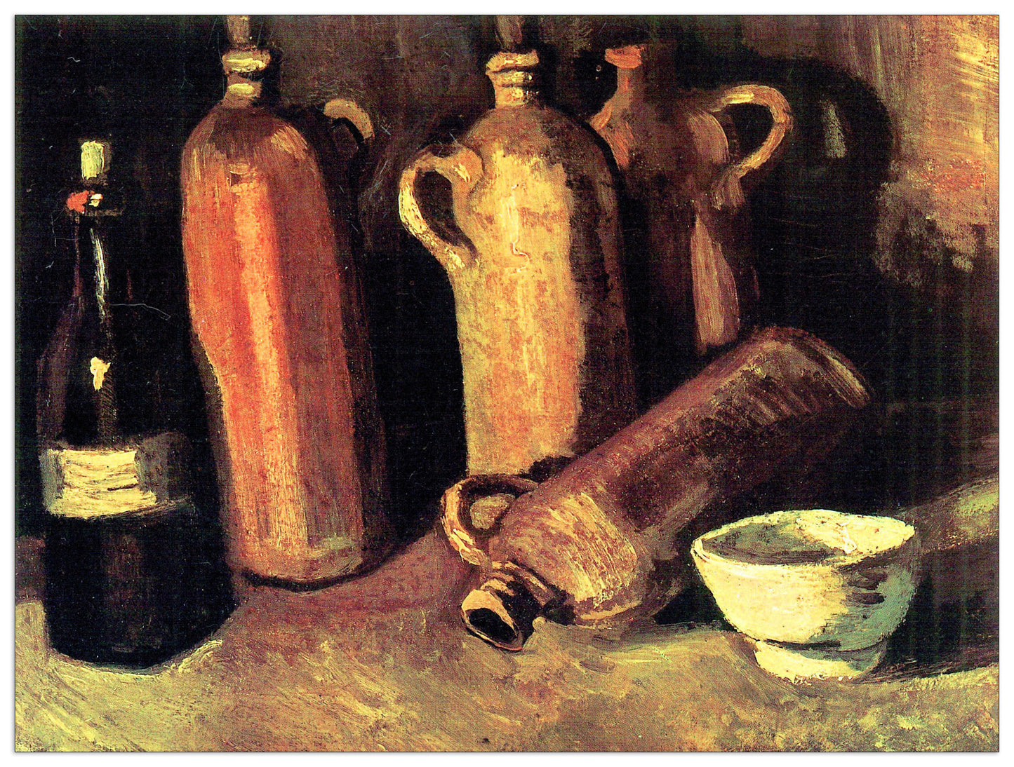 Still life with four jugs, bottle and a white bowl cm 80x60