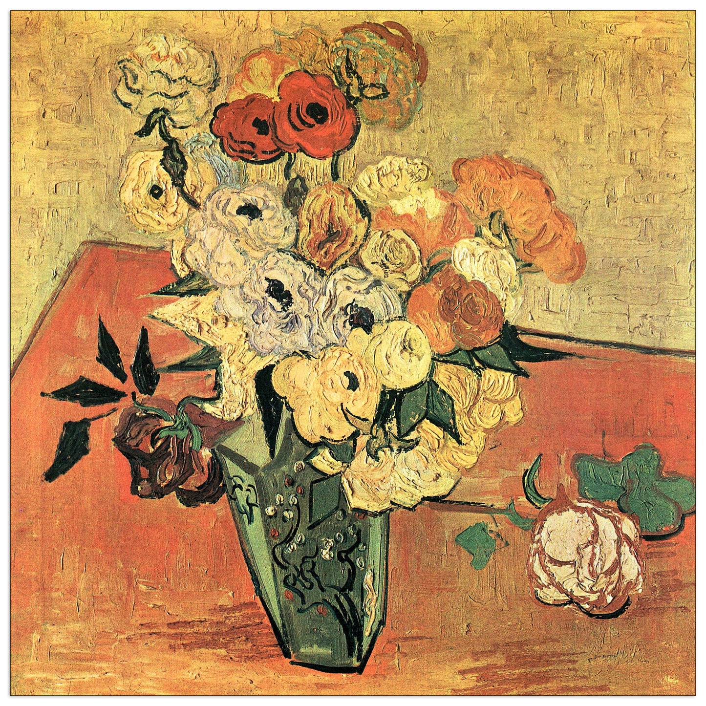 Still Life with Japanese vase, roses and anemones cm 70x70