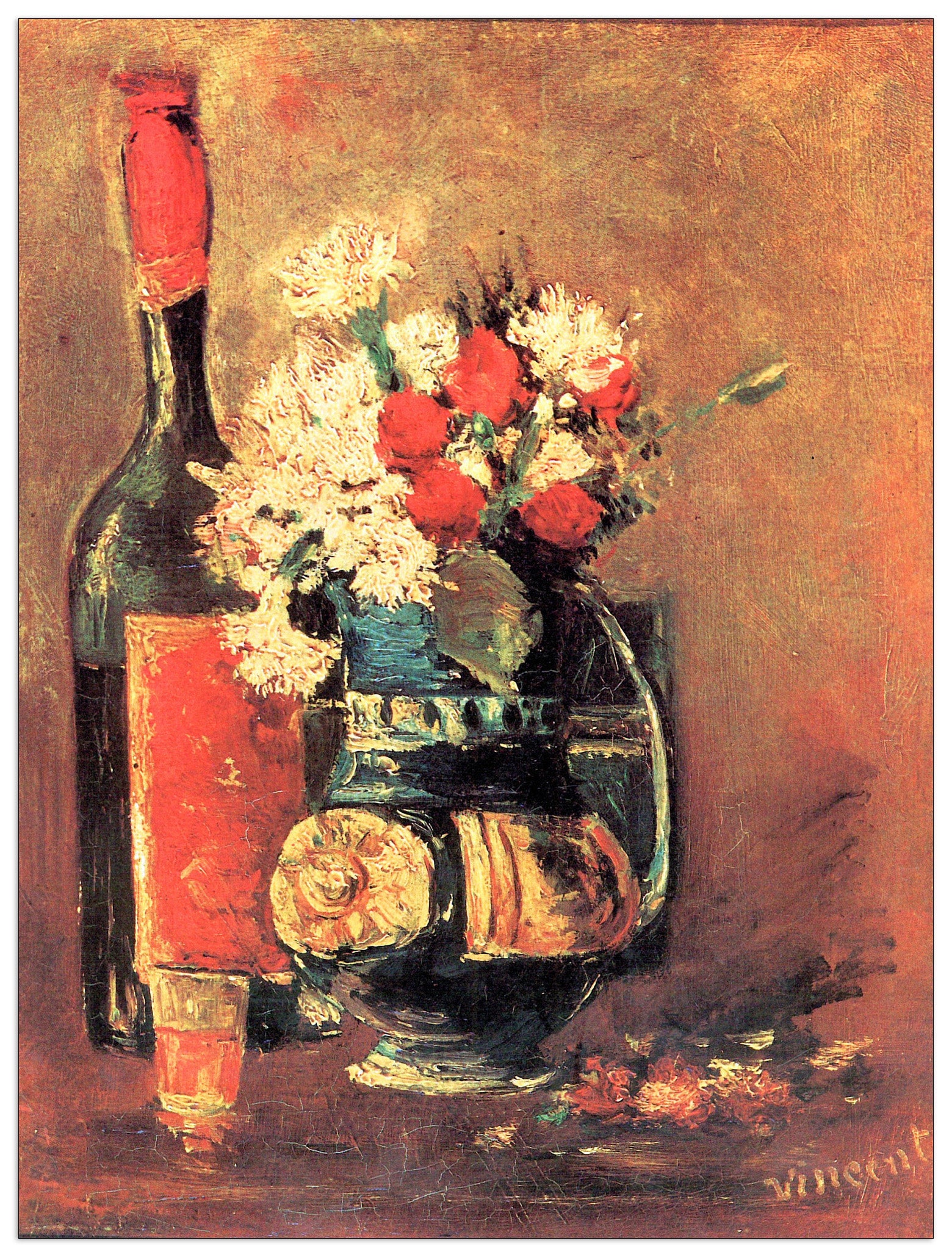 Vase of white carnations and rose and bottle cm 60x80