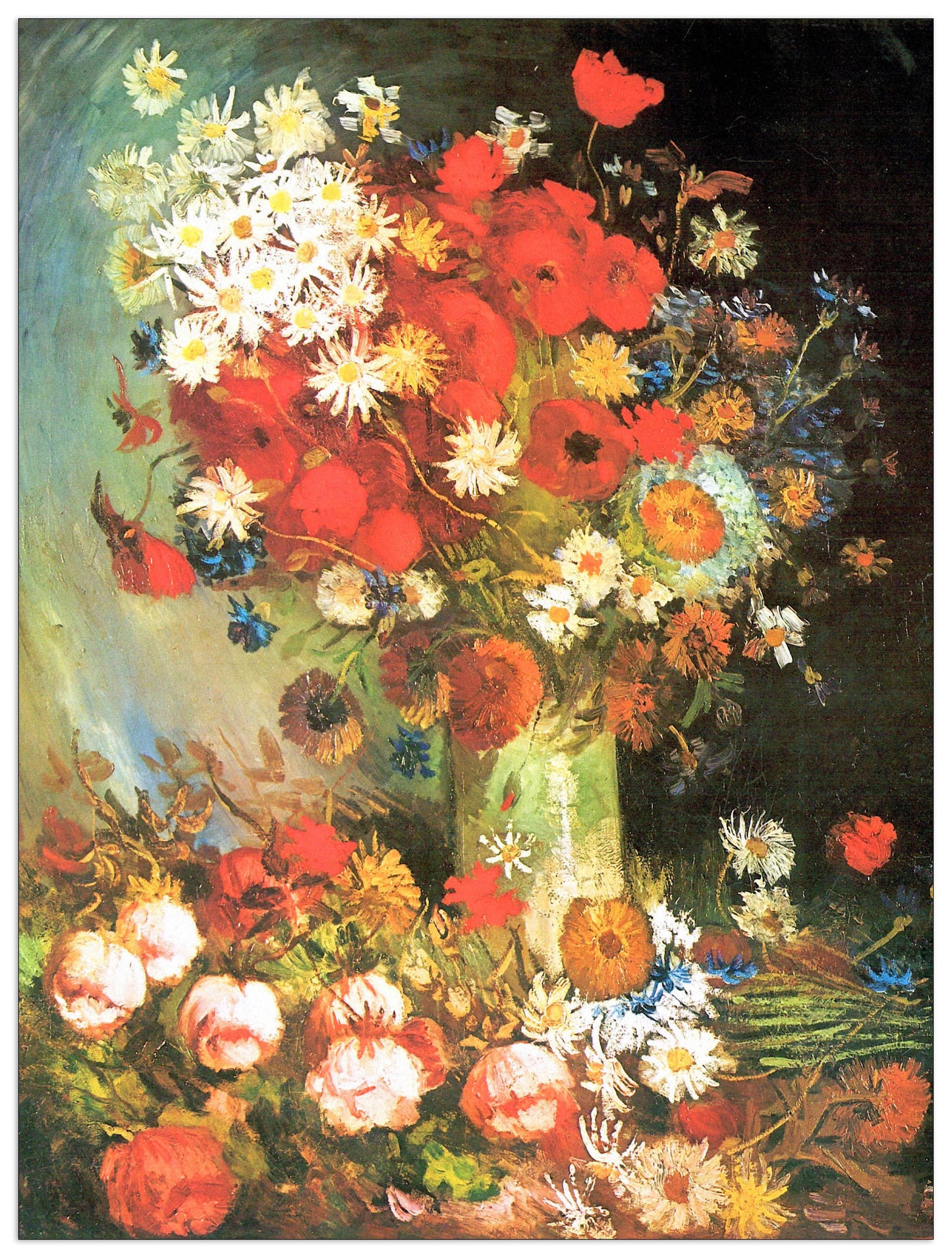 Vase with cornflowers and poppies, peonies and chrysanthemums cm 90x120