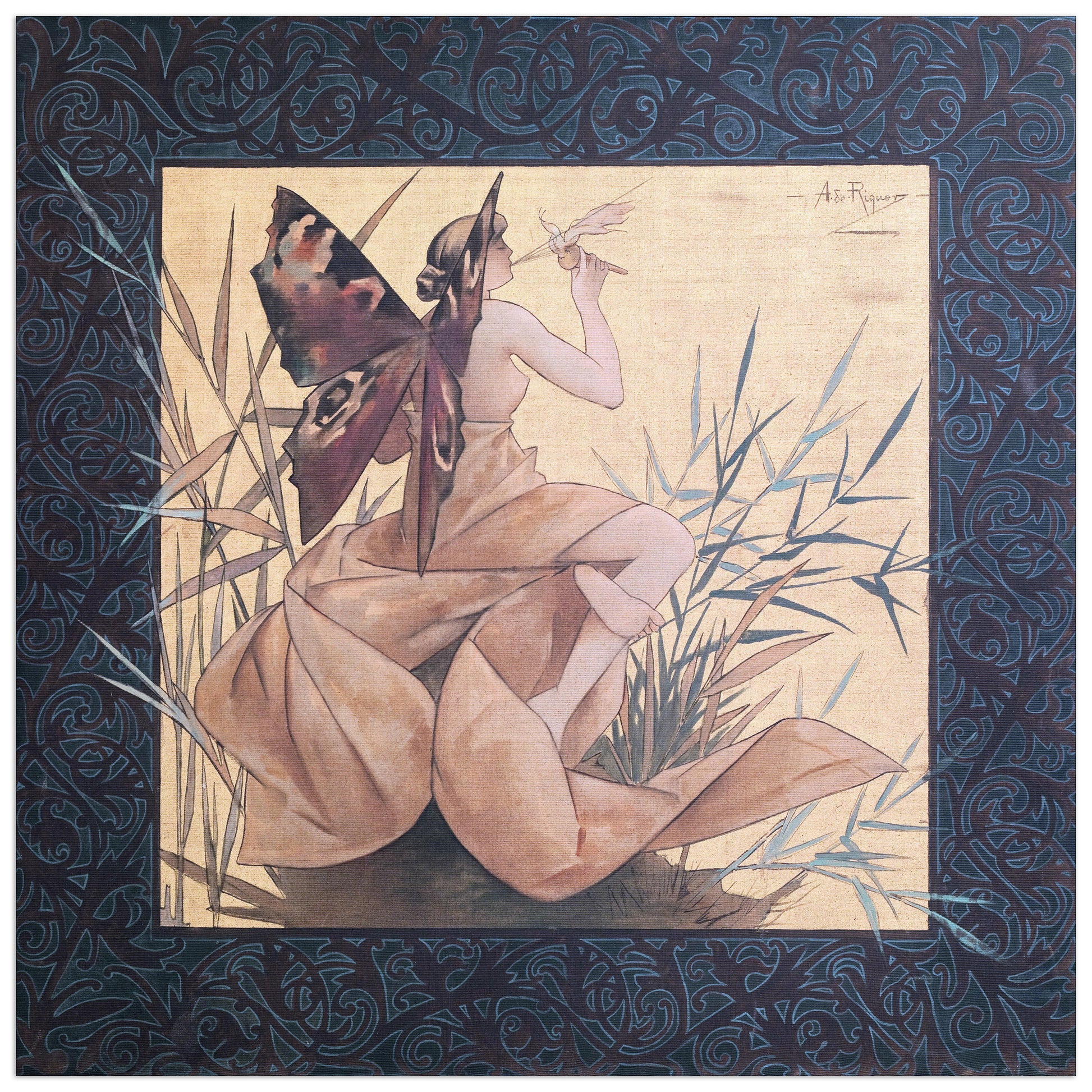 Winged nymph blowing amongst reeds cm 100x100