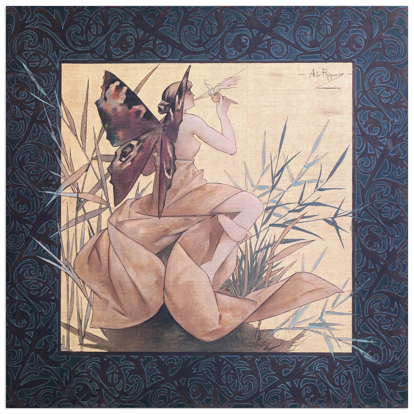 Winged nymph blowing amongst reeds cm 50x50