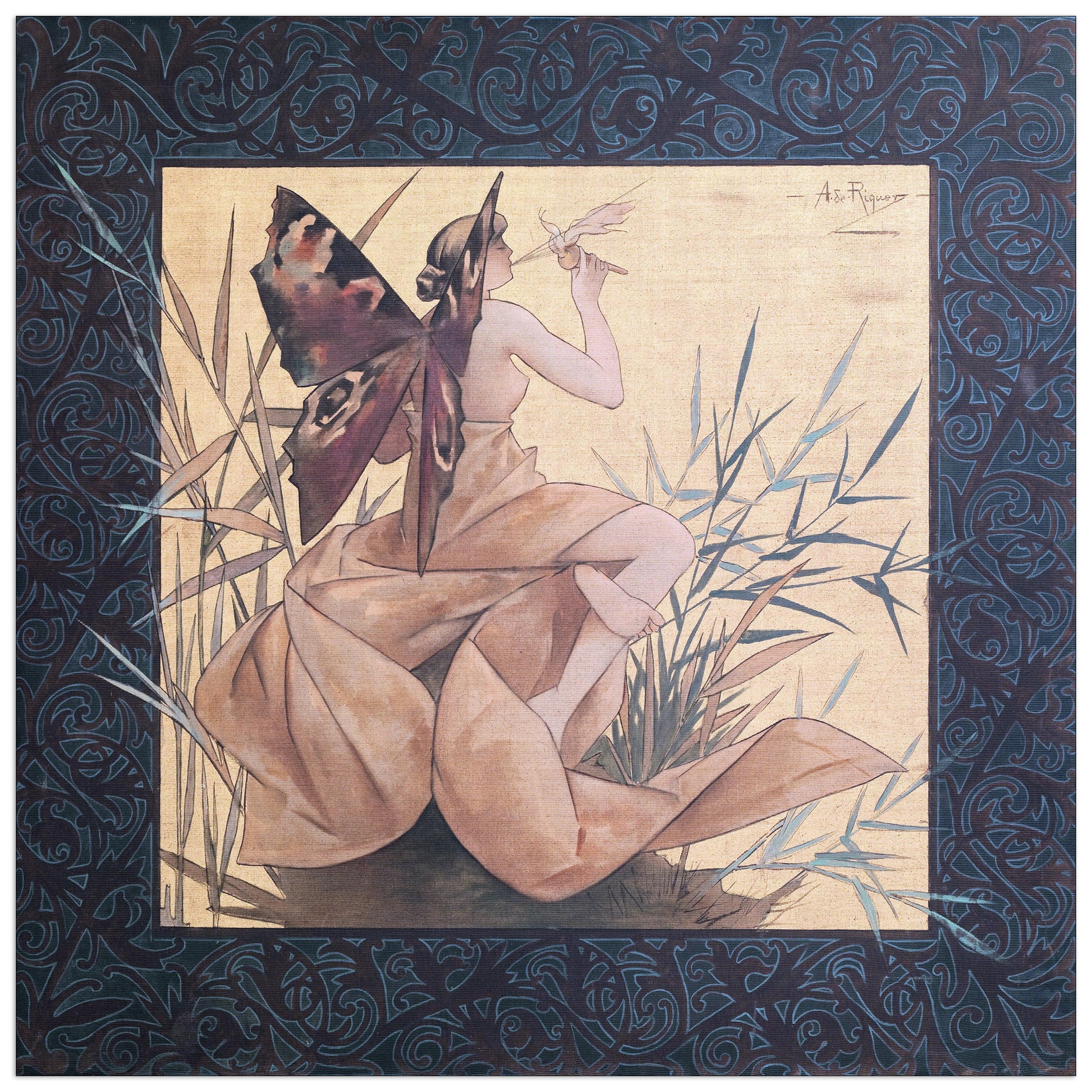 Winged nymph blowing amongst reeds cm 50x50