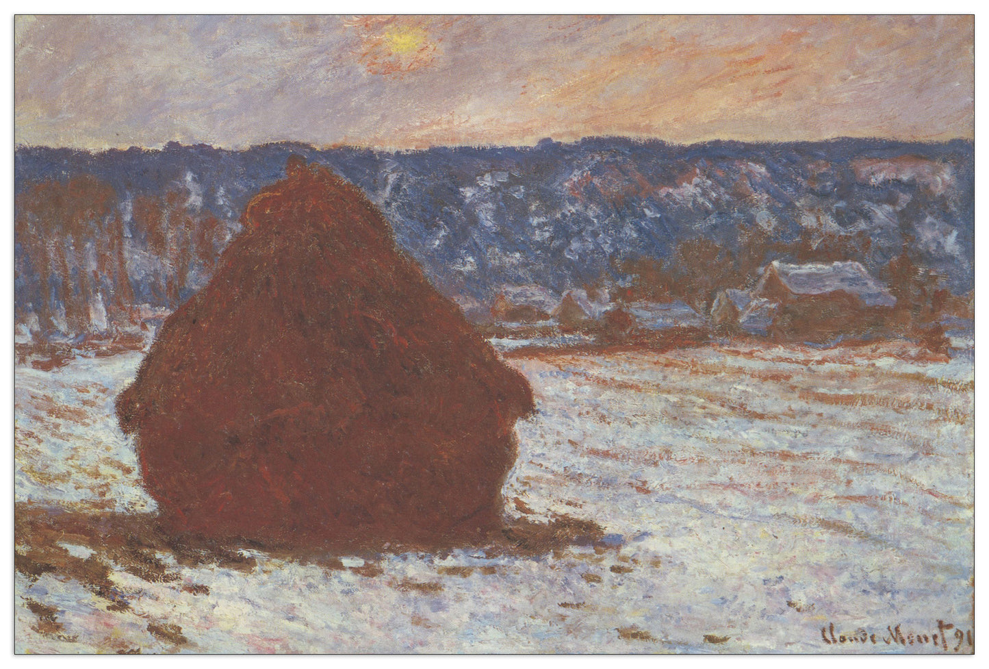 Haystacks, snow, covered the sky cm 90x60