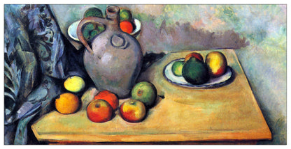 Still life, pitcher and fruit on a table cm 140x70