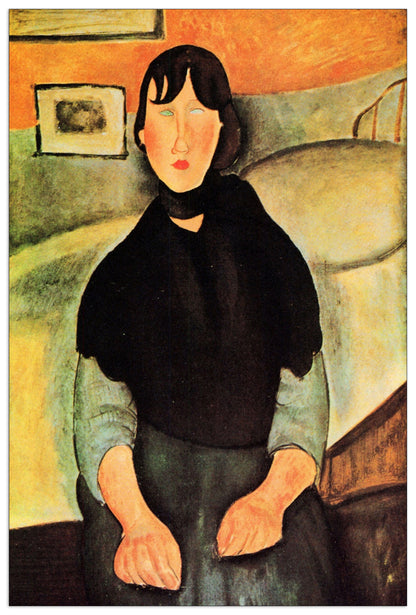 Young brown woman sitting on a bed cm 60x90