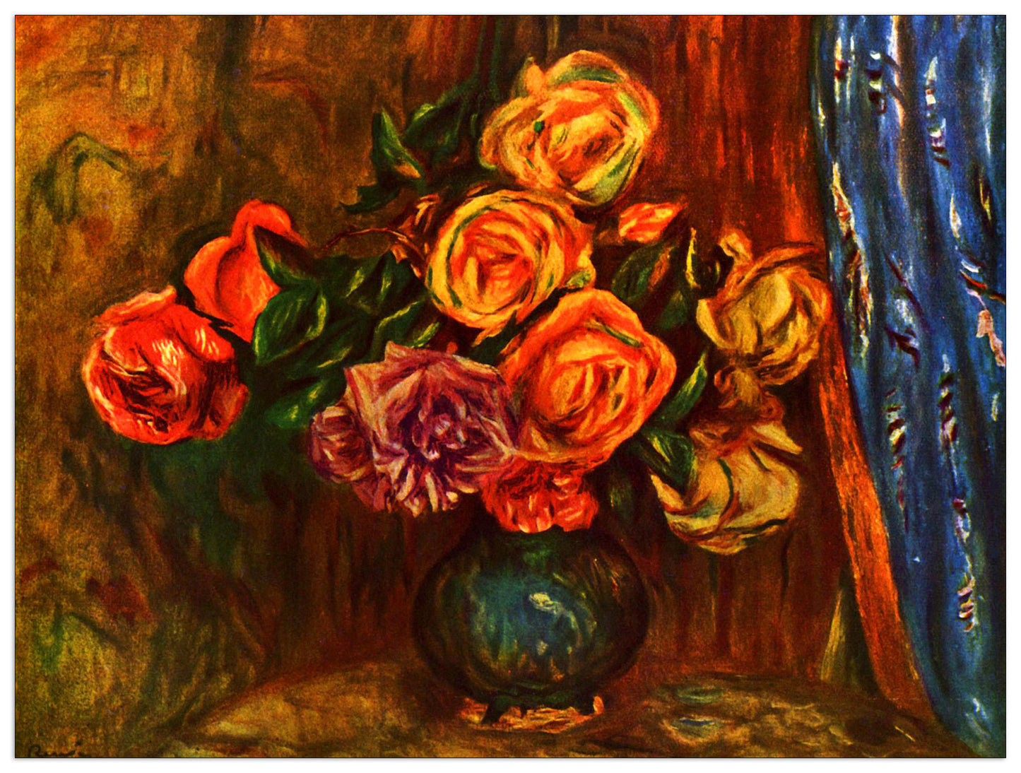 Still life roses before a blue curtain cm 80x60