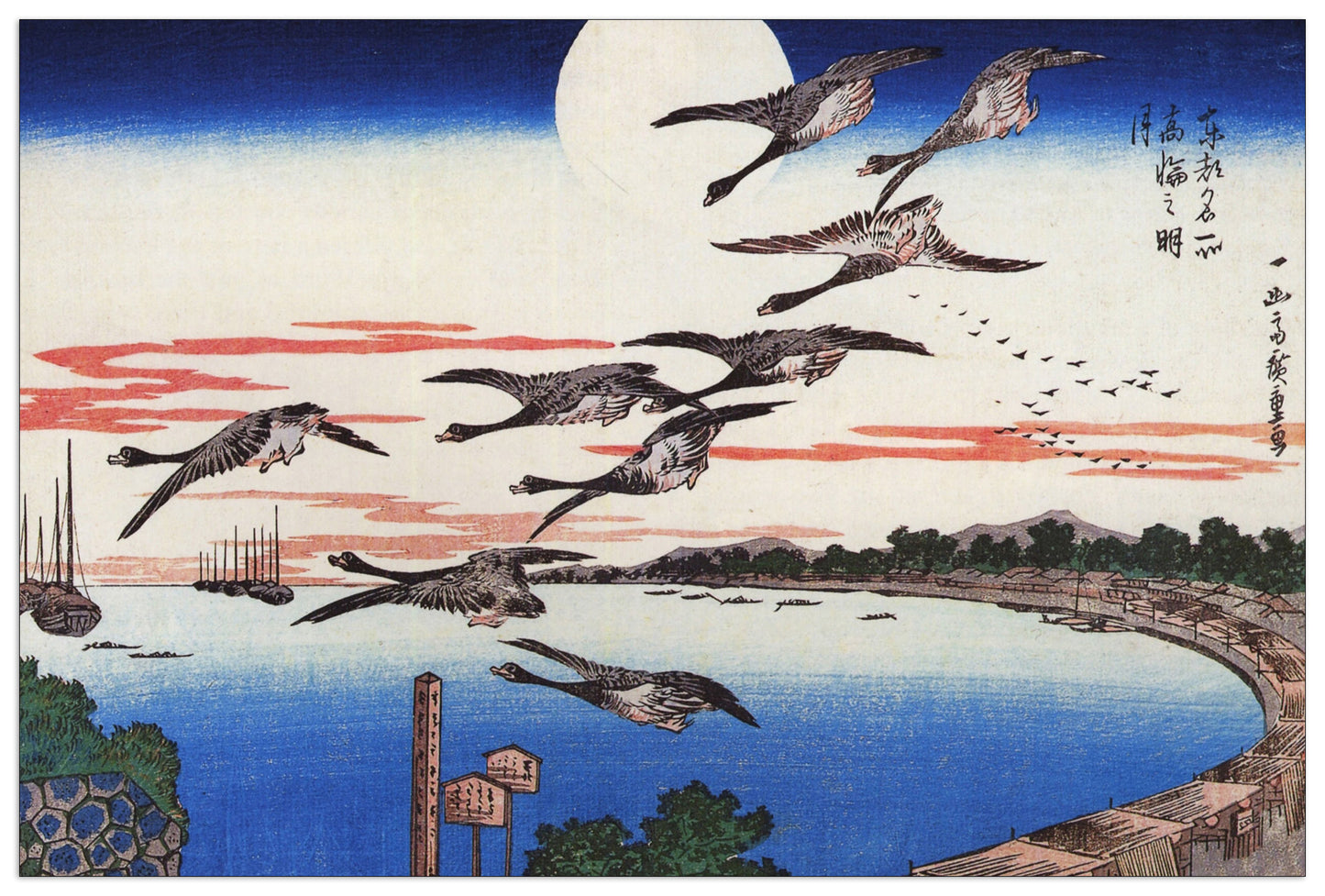 Geese descending over a bay cm 90x60