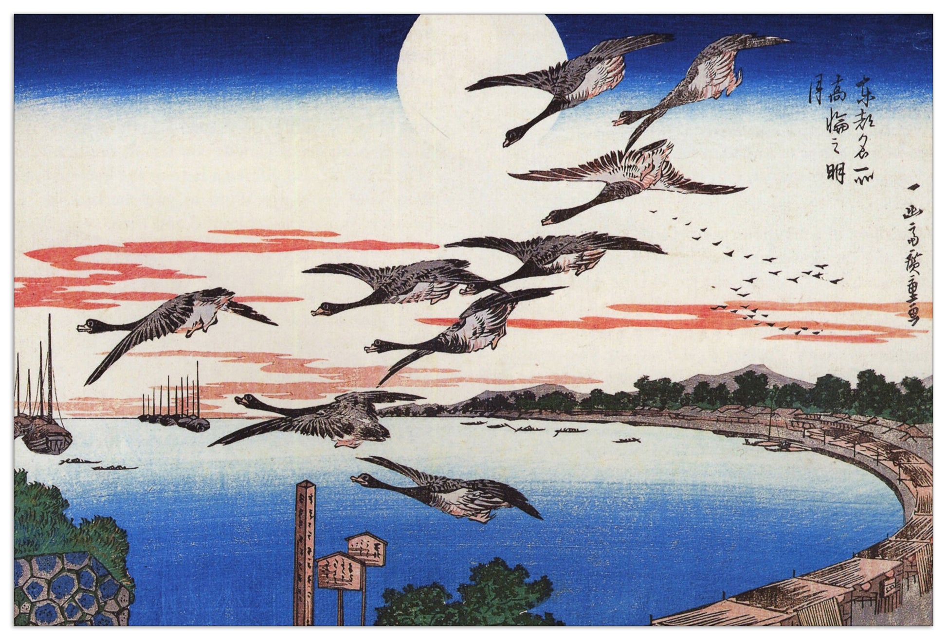 Geese descending over a bay cm 90x60