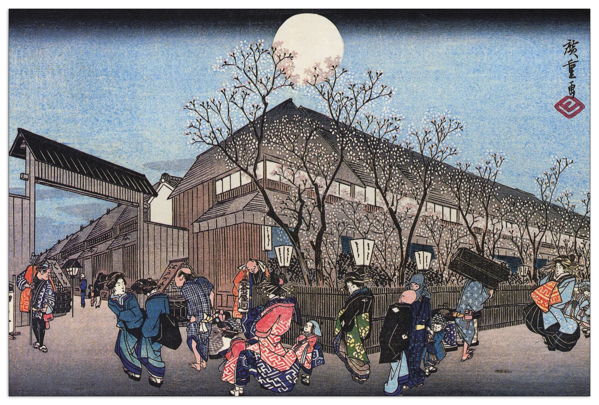 People walking under cherry trees at night cm 90x60