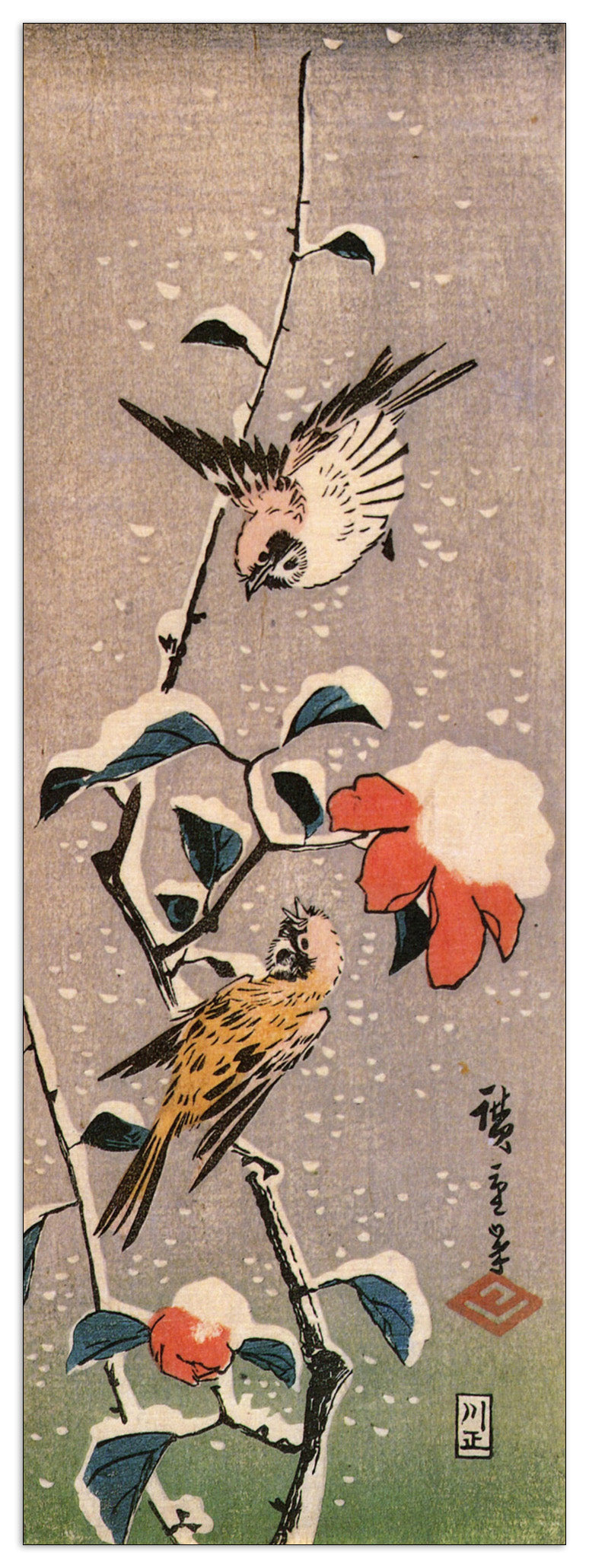 Sparrows and camelias with snow cm 50x140