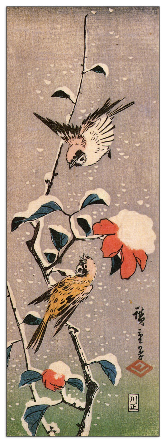 Sparrows and camelias with snow cm 50x140