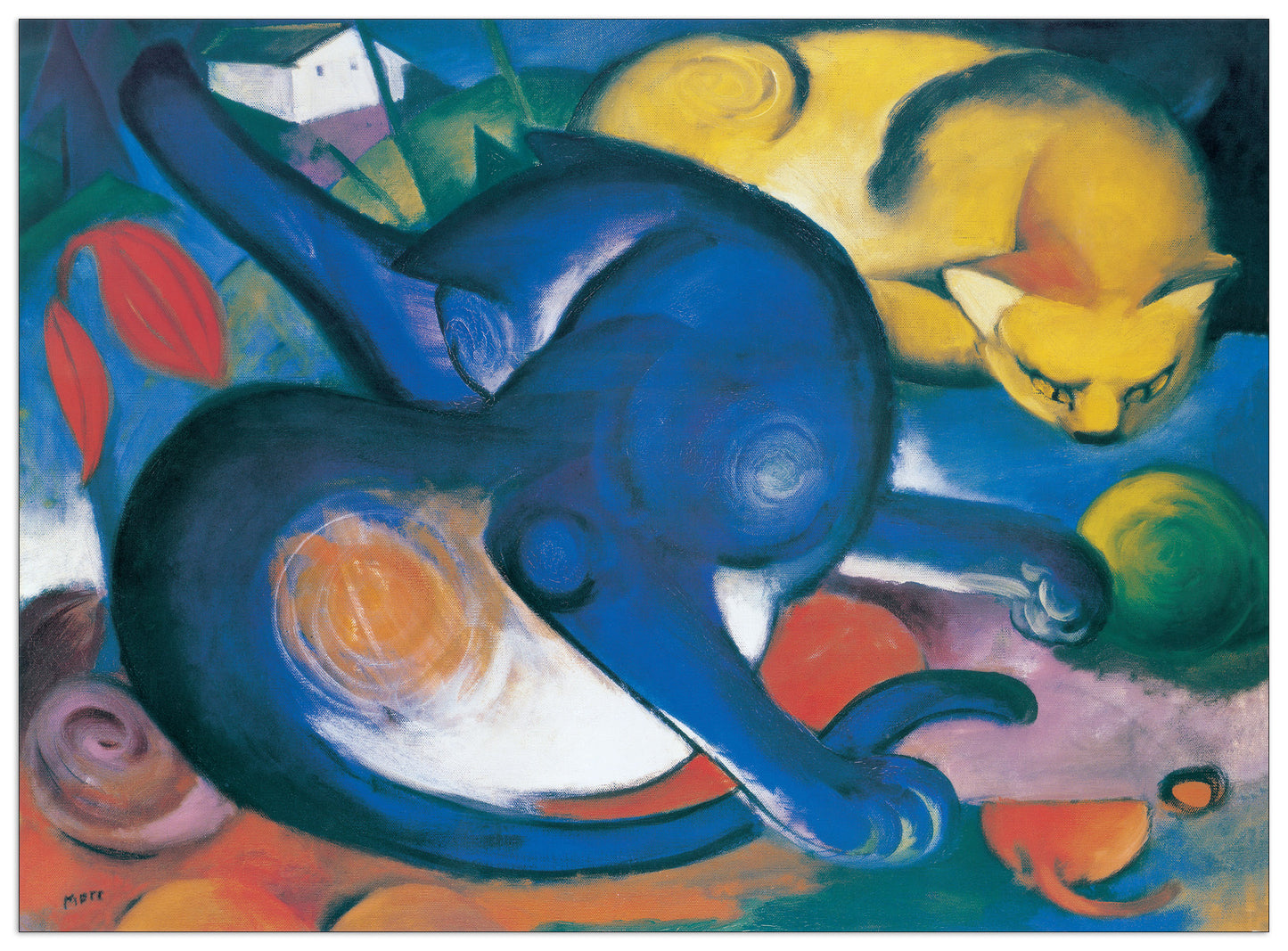 Zwei Katzenblau Und Gelb cm 100x73