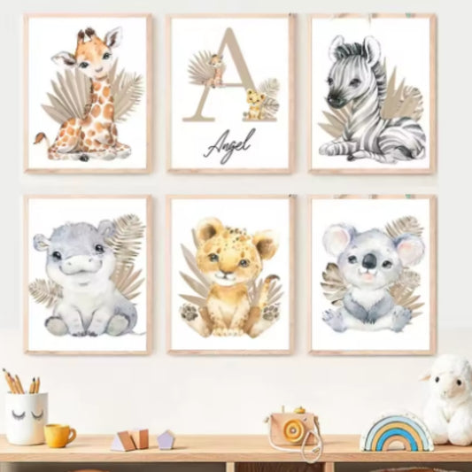 Quadro su tela Sei animali acquerello pastello dolci