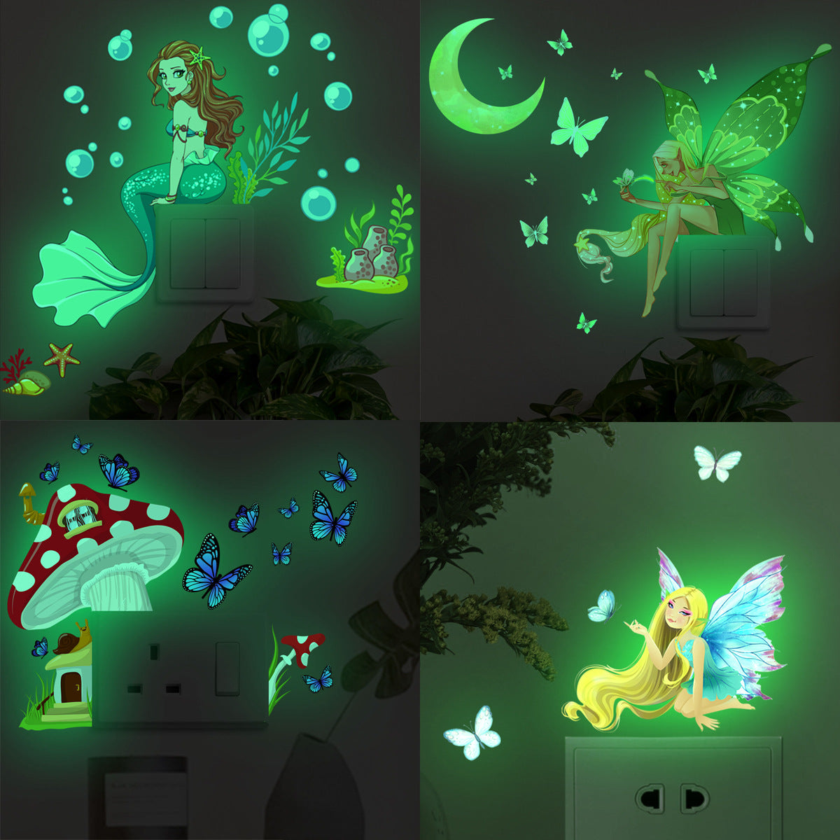 Adesivo murale sirena e farfalla fluorescente