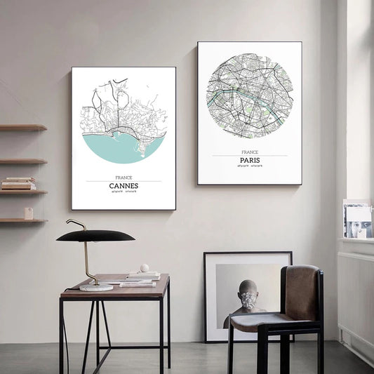 Quadro su tela Mappe di Cannes e Parigi