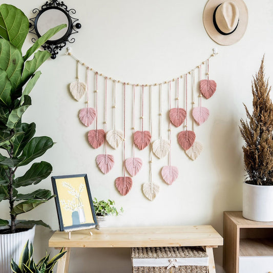Arazzo Macramé bianco foglie tessili pendenti