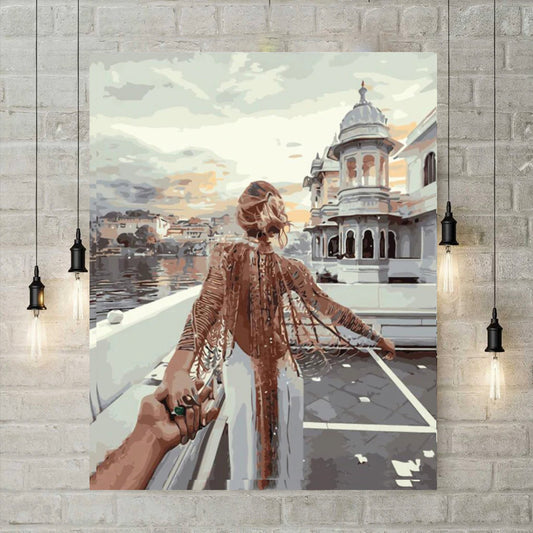 Quadro su tela Donna e paesaggio urbano