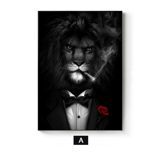 Quadro su tela Leone in smoking fumante