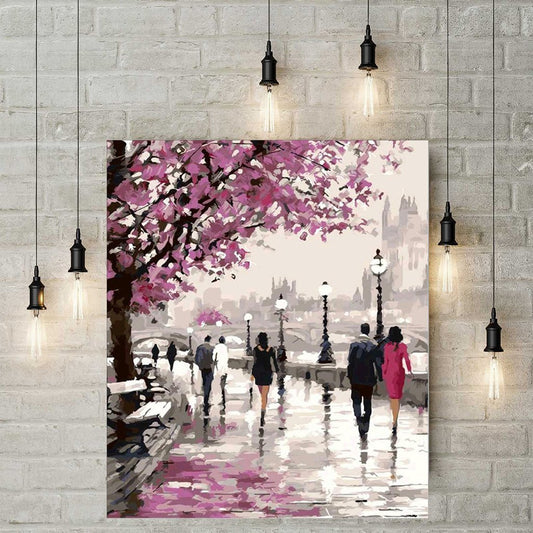 Quadro su tela Scena urbana albero magenta fiorito