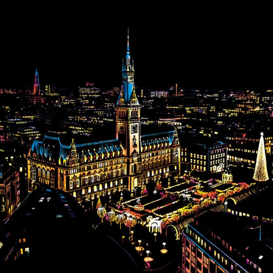 Quadro su tela Città di notte con mercatino natalizio