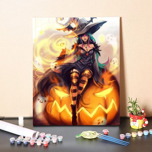 Quadro su tela Strega e zucche di Halloween