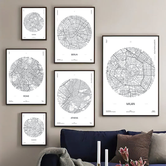 Quadro su tela Otto mappe città circolari nero su