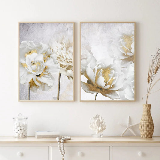 Quadro su tela Peonie bianche e oro