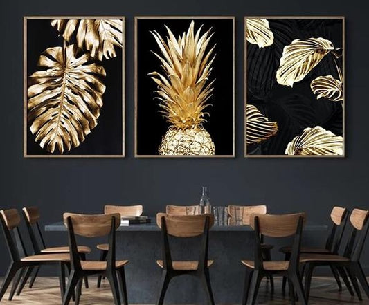 Quadro su tela Ananas con foglie dorate